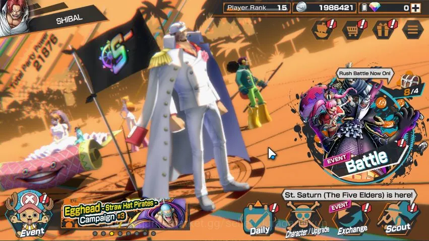 One Piece Bounty Rush Accounts Mid-Tier Global|5 META EX|Sakazuki,Divine Shanks,Film Red Shanks,Kuzan,KidLaw|Rank 15|Log