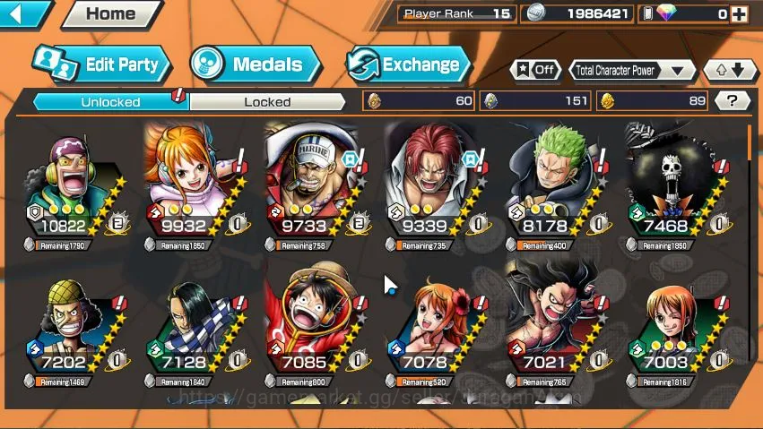 One Piece Bounty Rush Accounts Mid-Tier Global|5 META EX|Sakazuki,Divine Shanks,Film Red Shanks,Kuzan,KidLaw|Rank 15|Log 2
