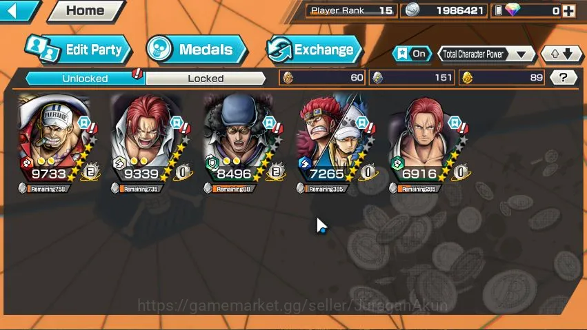 One Piece Bounty Rush Accounts Mid-Tier Global|5 META EX|Sakazuki,Divine Shanks,Film Red Shanks,Kuzan,KidLaw|Rank 15|Log 6