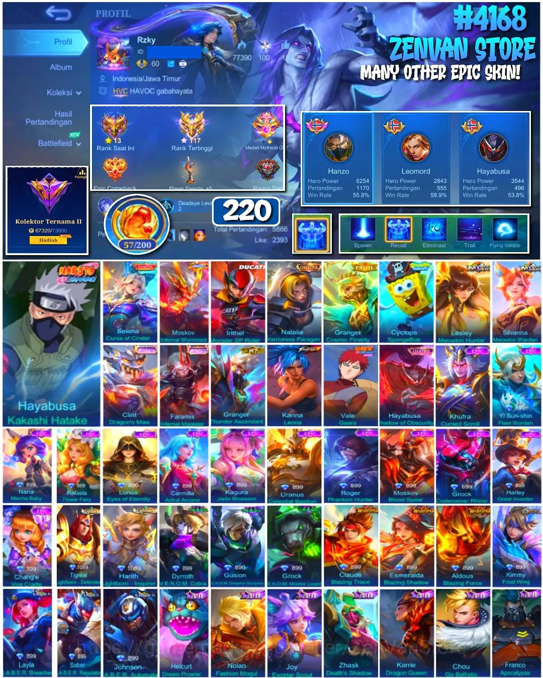Mobile Legends: Bang Bang Accounts 🔥 #4168 🔥 💎 220 Skins 👑 Naruto Hayabusa Kakashi Hatake ⚔️ Renowned Collector II 1