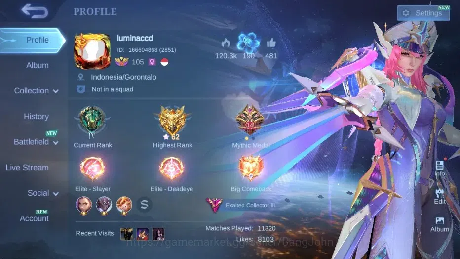 Mobile Legends: Bang Bang Accounts Collector Global|Skin418|Exalted|Legend Miya+Freya,KOF Karina,Asprirant Ruby,LB 1