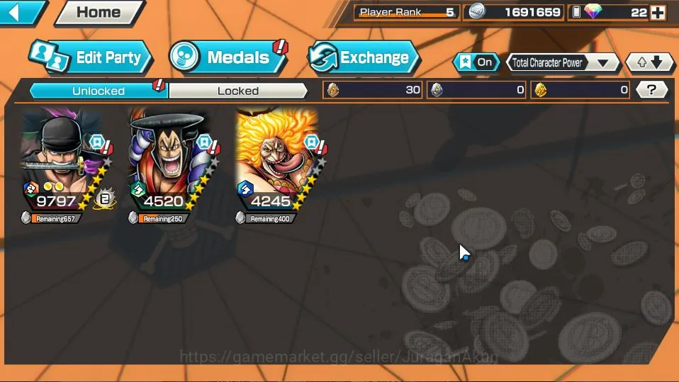One Piece Bounty Rush Accounts Starter Global | 3 META EX | Charlotte Linlin, Roronoa Zoro, Kozuki Oden | Rank 5 | Log 3