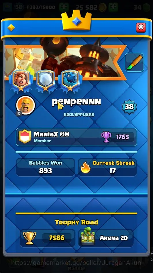 Clash Royale Accounts Midgame Lvl 38|Trophy 7586|KTL 13|Limited Skin|Card 121|1 Hero,9 EVO,8 Champ,21 Legend,33 Epic,30 2