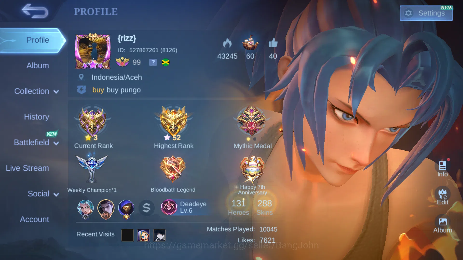Mobile Legends: Bang Bang Accounts Skin 288 | Emblem Max | Recall Epic RECALL | KOF K image 1