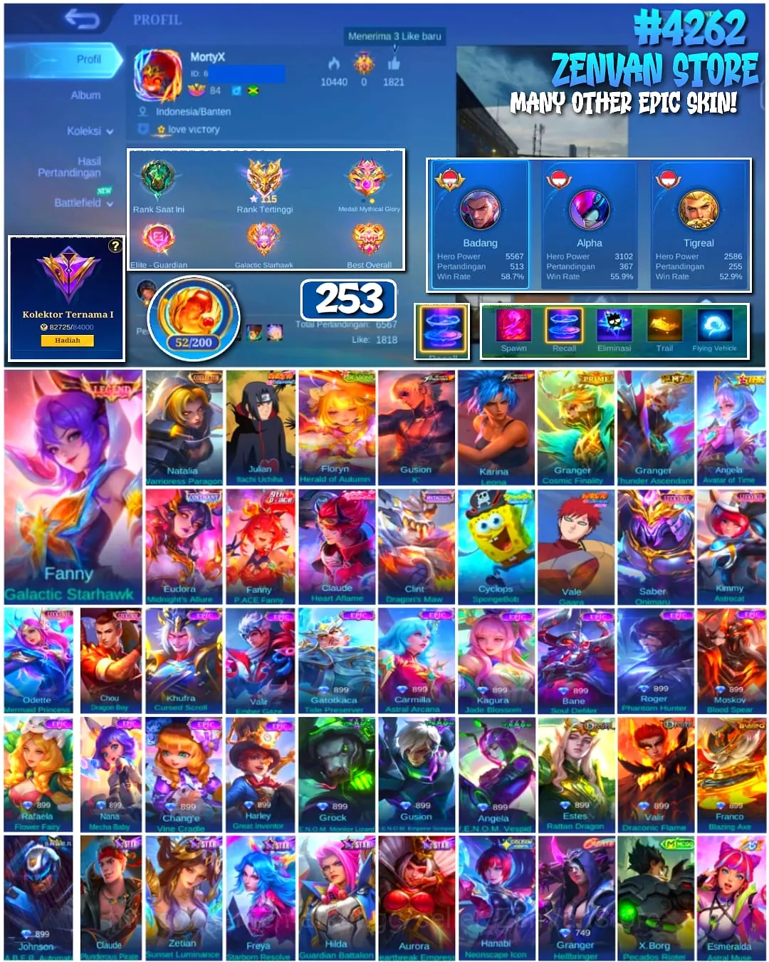 Mobile Legends: Bang Bang Accounts #4262 253 Skins | Fanny Galactic Starhawk (Legend) | Natalia Warrioress Paragon 1