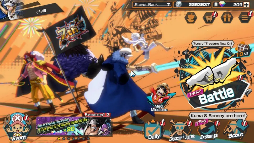 Global|5 META EX|Trafalgar Law,Gear Five Luffy,Kaido,Gol D Roger,Yamato|209 Rainbow Diamond|Rank 7|Log Bandai|Check SS(OPBR1493) One Piece Bounty Rush Mid-Tier Global|5 META EX|Trafalgar Law,Gear Five Luffy,Kai image 1