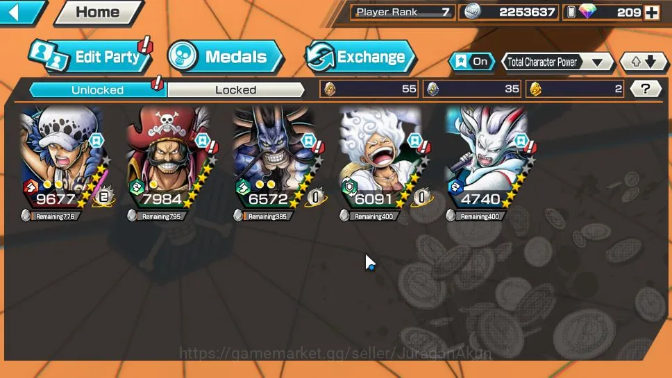 One Piece Bounty Rush Accounts Mid-Tier Global|5 META EX|Trafalgar Law,Gear Five Luffy,Kaido,Gol D Roger,Yamato|209 Rainbow 3