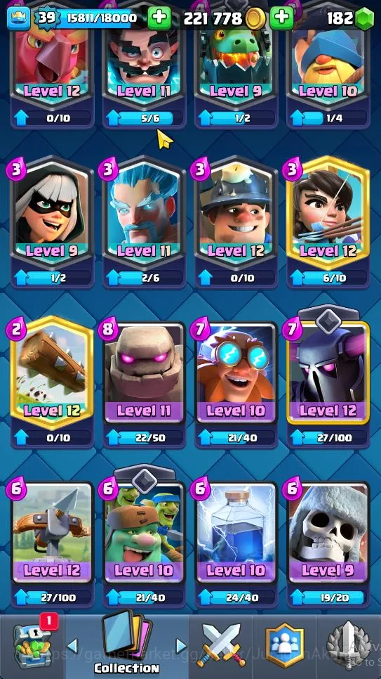 Clash Royale Accounts Midgame Lvl 39|Trophy 7508|KTL 13|Card 120|8 EVO,3 Max,7 Champion,21 Legend,31 Epic,30 Rare,29 5