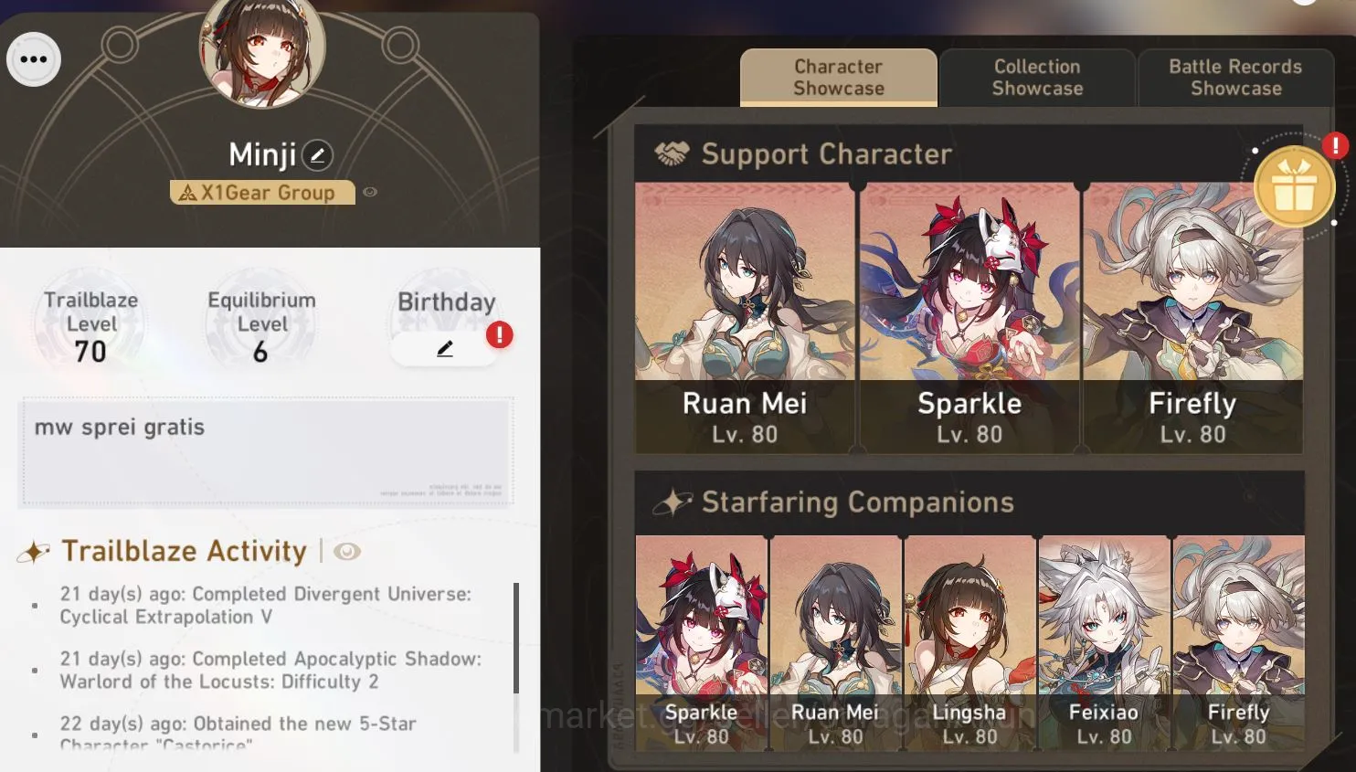 Honkai Star Rail Mid Game ASIA [TL70] 10 Limited (Firefly[E1]+Sign,Castorice image 1