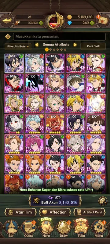 The Seven Deadly Sins: Grand Cross Accounts Midgame Asia |3,1M CC| 2LR + 4UR + Full Collab Solev + OVL + 262 Gems