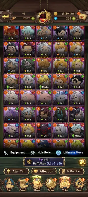 The Seven Deadly Sins: Grand Cross Accounts Midgame Asia |3,1M CC| 2LR + 4UR + Full Collab Solev + OVL + 262 Gems 3