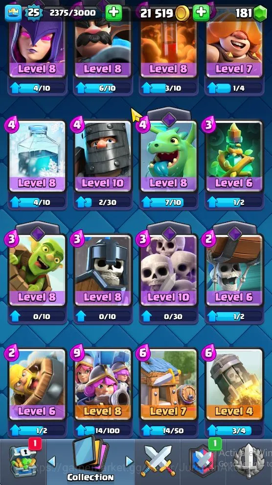 Clash Royale Accounts Midgame Lvl 25|Trophy 4865|KTL 9|Limited Skin|Card 85|3 EVO,4 Legend,25 Epic,28 Rare,28 5