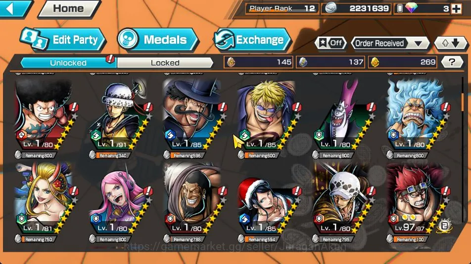 One Piece Bounty Rush Accounts Mid-Tier Global|7 META EX[Charlotte Linlin,Monsters Kaido,Yamato,Kuzan,Rob Lucci,Gol D 4