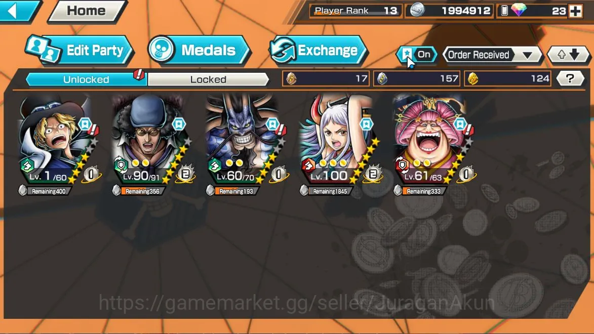 One Piece Bounty Rush Accounts Mid-Tier Global| 5 META EX[Big Mom(Olin the Oiran),Kaido,Yamato Max,Sabo,Kuzan]|Rank 13|Log 4