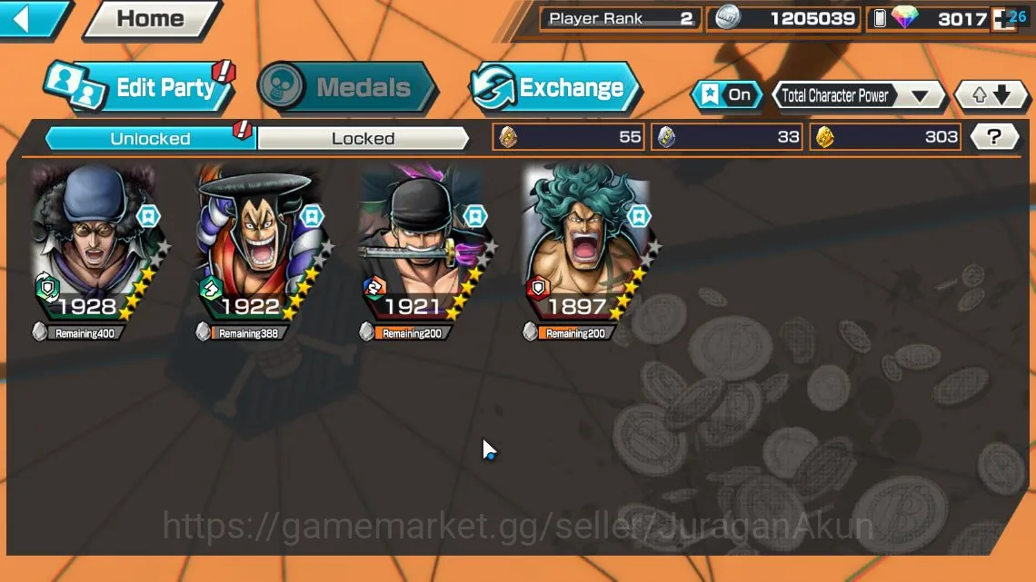 One Piece Bounty Rush Accounts Mid-Tier Global| 3 META EX|BlackBeard Kuzan,Onigashima Roronoa Zoro,Kozuki Oden|Rank 2|Log 2