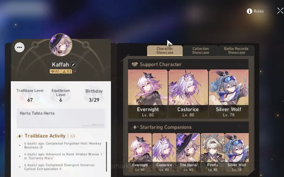 Honkai Star Rail Accounts Mid Game ASIA|TL 67|10 Limited|The Herta,Castorice,Dante,EverNight,Argenti,FireFly,Etc|MC 2