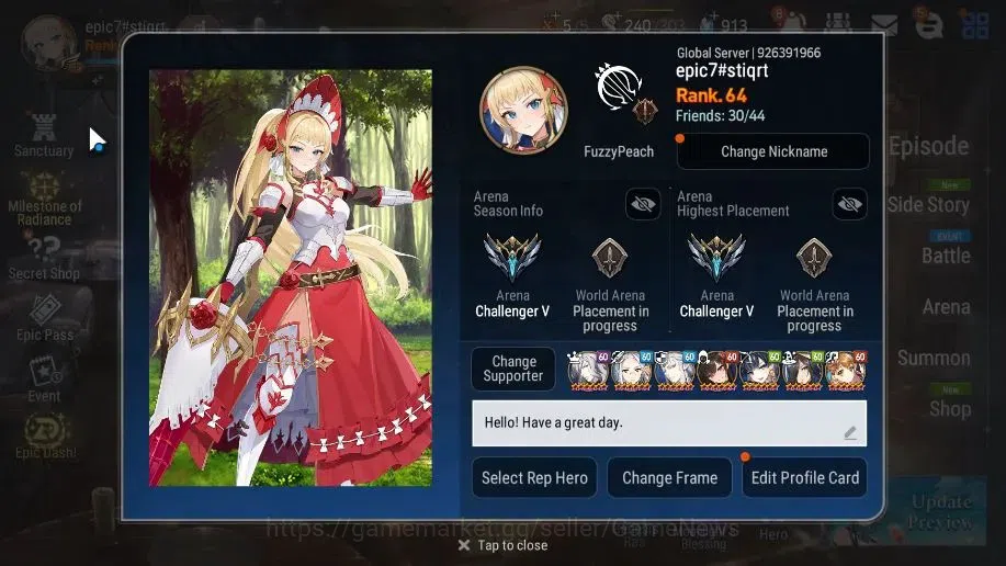 Epic Seven Accounts Mid-Tier GLOBAL UnVerif|10 ML(Harseti,Witch Tenebria,etc)+Rinak,Setsuka,AB Fumyr,Etc|AUTO WGB Hunt|55k 2
