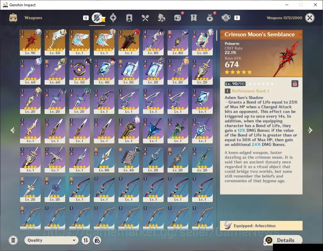 Genshin Impact Accounts Others ASIA|AR 56|Skirk Prem Team|8 Limited +5 (*5 Weapon)|Arlecc+Sign,Escoffier,Yelan,Columbina|MC 3