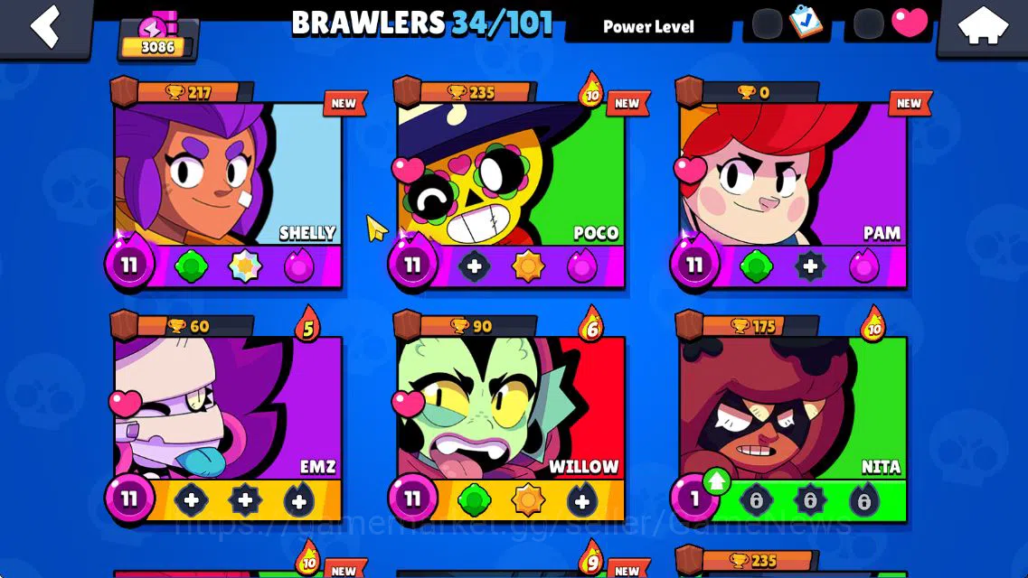 Brawl Stars Accounts 3086 Trophy|7K Bling|34 Brawler 5 MAX Lvl 1 Myth: Willow| 1 Myth [Zeus Brock] 3 Epic 2 Super Rare 5