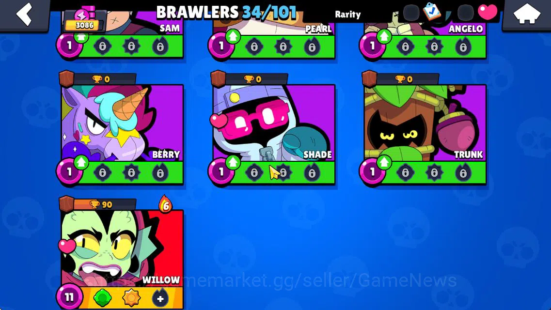 Brawl Stars Accounts 3086 Trophy|7K Bling|34 Brawler 5 MAX Lvl 1 Myth: Willow| 1 Myth [Zeus Brock] 3 Epic 2 Super Rare 6