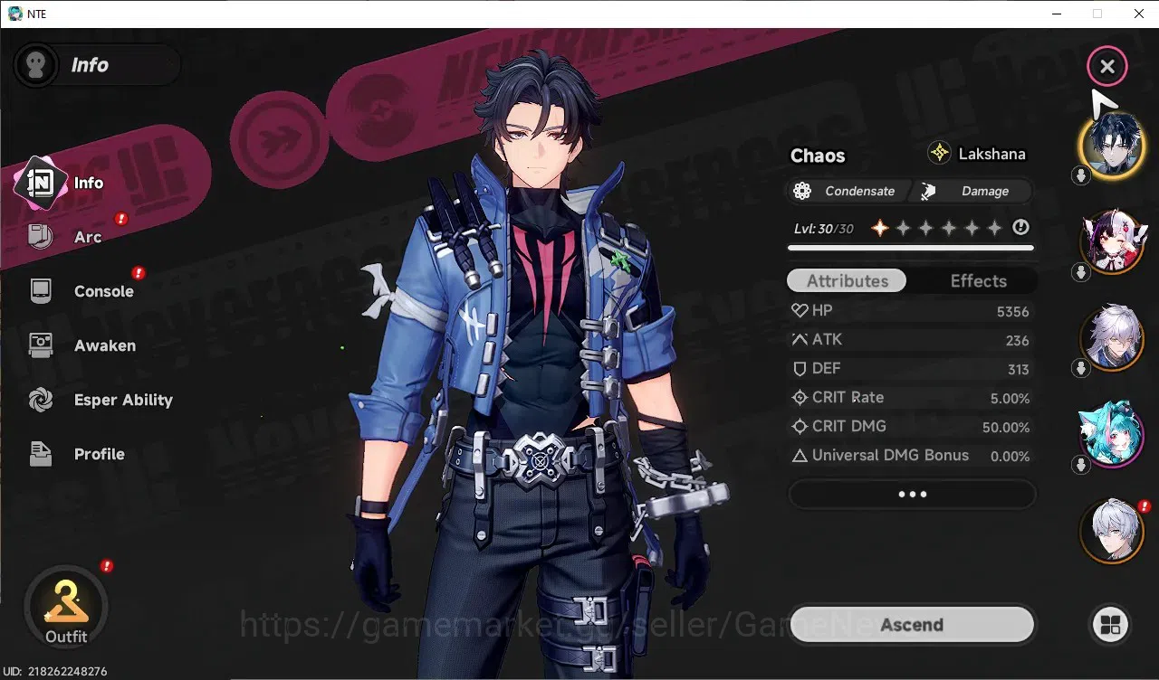 Neverness to Everness Accounts GLOBAL NA|HL 11|TL 8|19 S.Dice|4 SSR 2 Limited (Chaos,Lacrimosa),Baicang,Daffodill|2 SSR 2