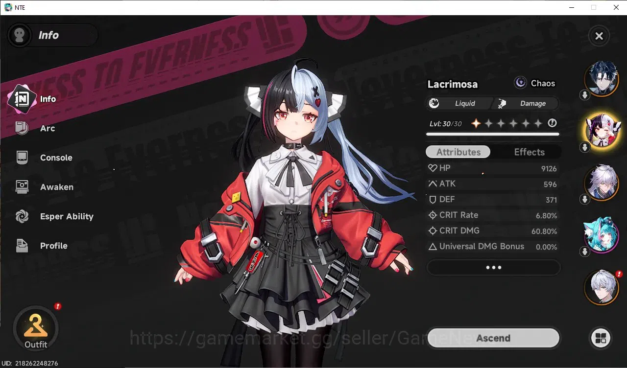 Neverness to Everness Accounts GLOBAL NA|HL 11|TL 8|19 S.Dice|4 SSR 2 Limited (Chaos,Lacrimosa),Baicang,Daffodill|2 SSR 3