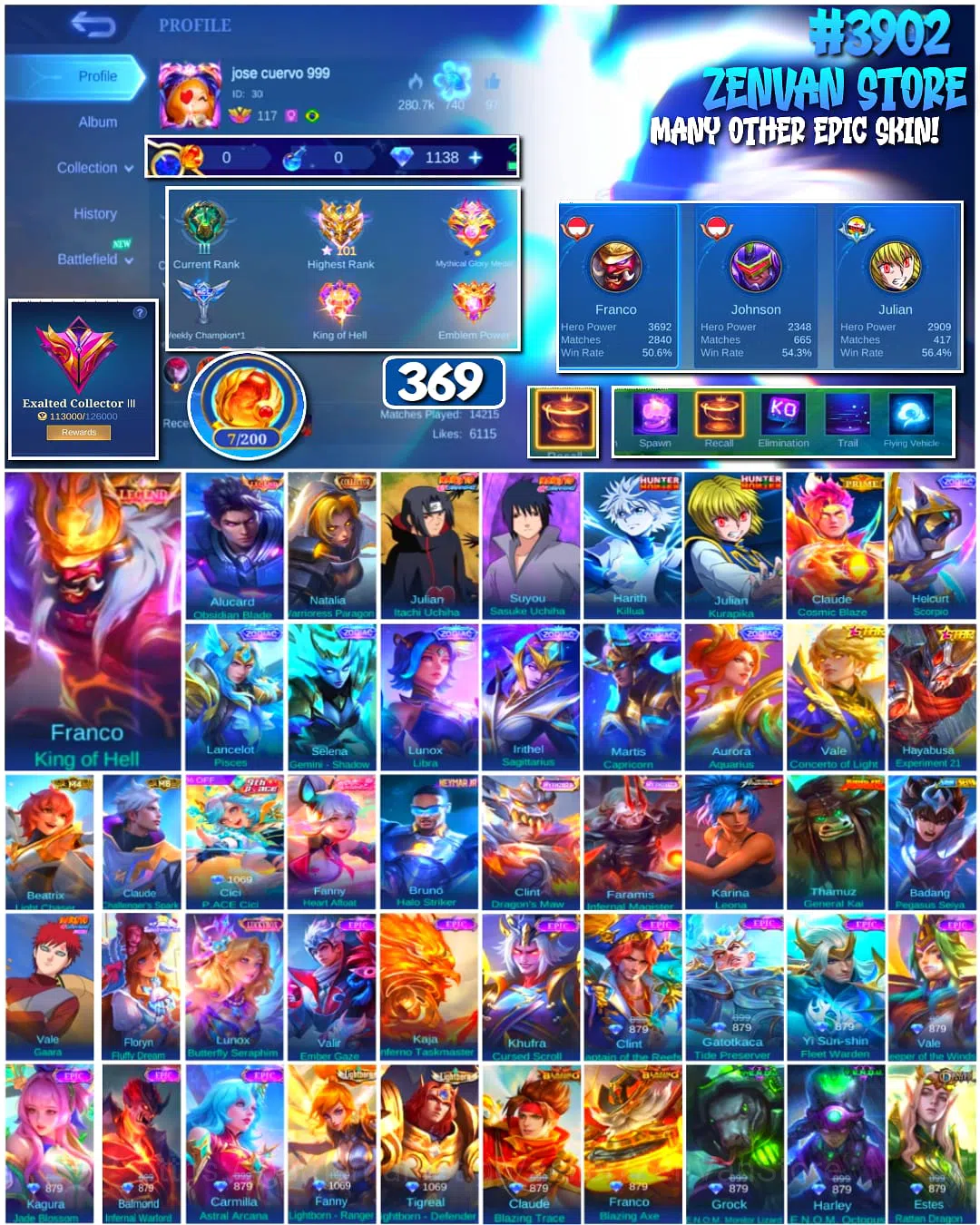 Mobile Legends: Bang Bang Accounts #3902 | 369 Skins | Legend Franco & Alucard | Coll image 1