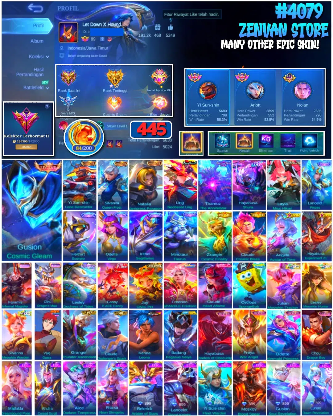 Mobile Legends: Bang Bang Accounts π₯ #4079 π₯ π 445 Skins π Legend Gusion Cosmic Gleam βοΈ Collector Yi Sun-shin Lone 1