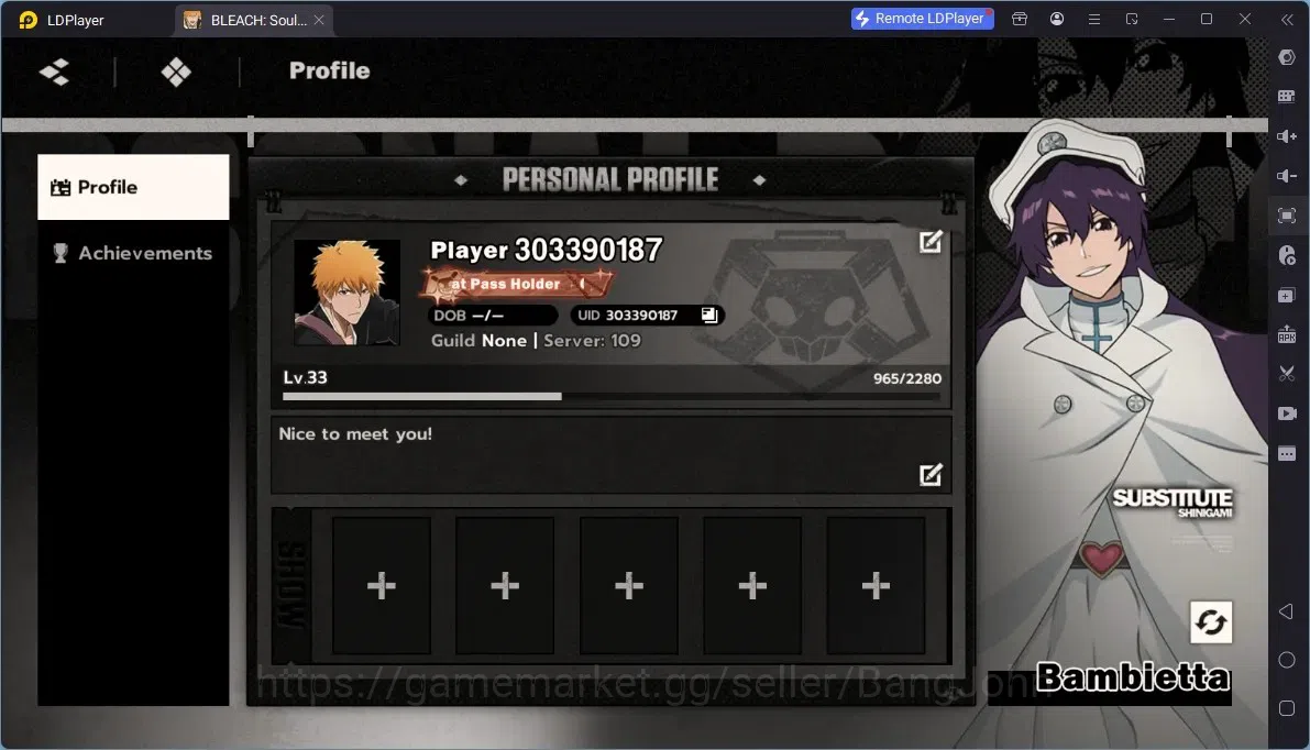BLEACH: Soul Resonance Accounts Nuverse SEA |Lv.33|2 SSR (KisukeB1,Yoruichi)+Sign+Stamp|Log Google|Check SS BSR140B 1