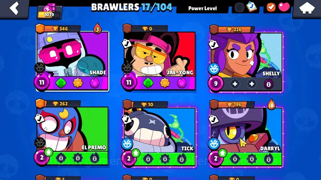 Brawl Stars Accounts 1079 Trophy|17 Brawler 2 Max (Shade,Jae-Yong)|1 Mythic(Gridiron Otis),2 Epic(Guard Rico,Shelly Dancer 7