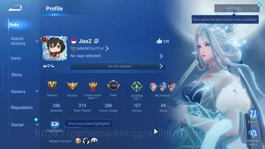 Honor of Kings Accounts Rare Skin Hero 107 Skin 69|Legend Yao,Zilong,Lam,KIC Luna,GM Gan&Mo,Collab AoT Mayene,Heino,14 2