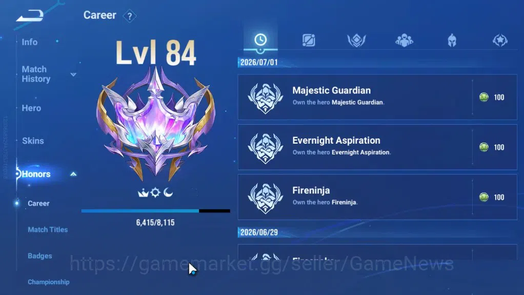Honor of Kings Accounts Rare Skin Hero 107 Skin 69|Legend Yao,Zilong,Lam,KIC Luna,GM Gan&Mo,Collab AoT Mayene,Heino,14 7