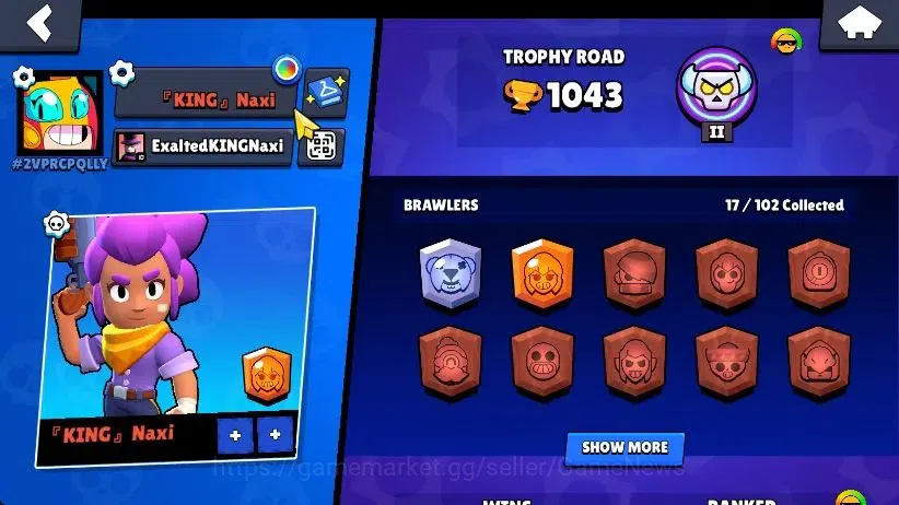 Brawl Stars Accounts 1043 Trophy|17 Brawlers 2 Max Lvl [Nita,Shelly] Myth Mortis|1 Rare Skins|5K Coins|CN ON|Take 10