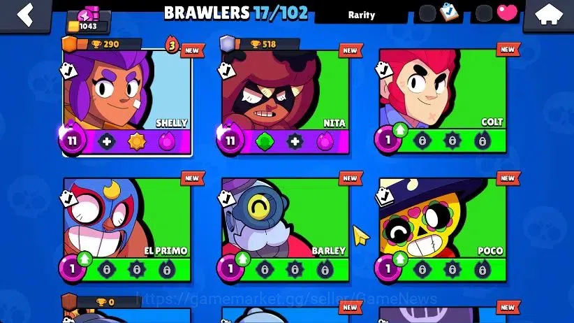 Brawl Stars Accounts 1043 Trophy|17 Brawlers 2 Max Lvl [Nita,Shelly] Myth Mortis|1 Rare Skins|5K Coins|CN ON|Take 6