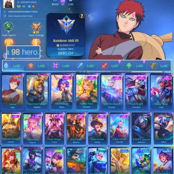 Mobile Legends: Bang Bang Accounts Others HERO 98 SKIN 163 | EMBLEM GOOD | COLECTOR NATALIA|VALE GARA | EPIC GUSION | EPIC