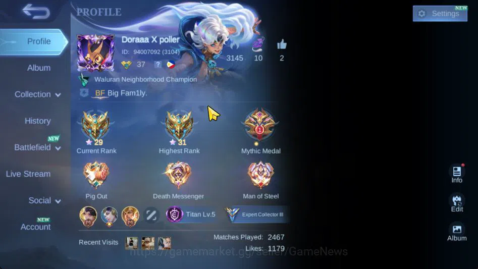 Mobile Legends: Bang Bang Accounts Collector Hero 90|Skin 142|Max Emblem|LBox[Franco,Karrie],Cyclops SpongB,LB Tigreal,2 2