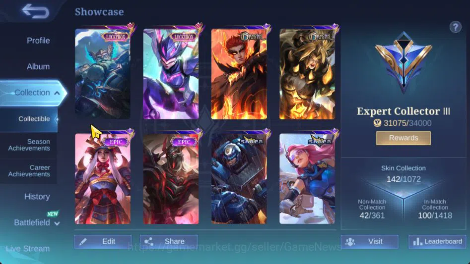 Mobile Legends: Bang Bang Accounts Collector Hero 90|Skin 142|Max Emblem|LBox[Franco,Karrie],Cyclops SpongB,LB Tigreal,2 3