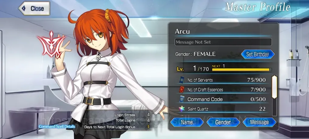 Fate-Grand Order Accounts NA Starter Fuyuki Lvl 1 |1 SSR Servant| ( Oberon ) |22 SQ, 11 Summon Ticket, 4 GA|Birthday 1