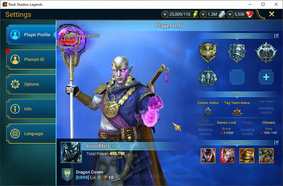 Raid: Shadow Legends Accounts Starter Lv40 455K Power|5,5K Gems+25K Energy|1 Mythical (Galathir)|14 Legendary 2