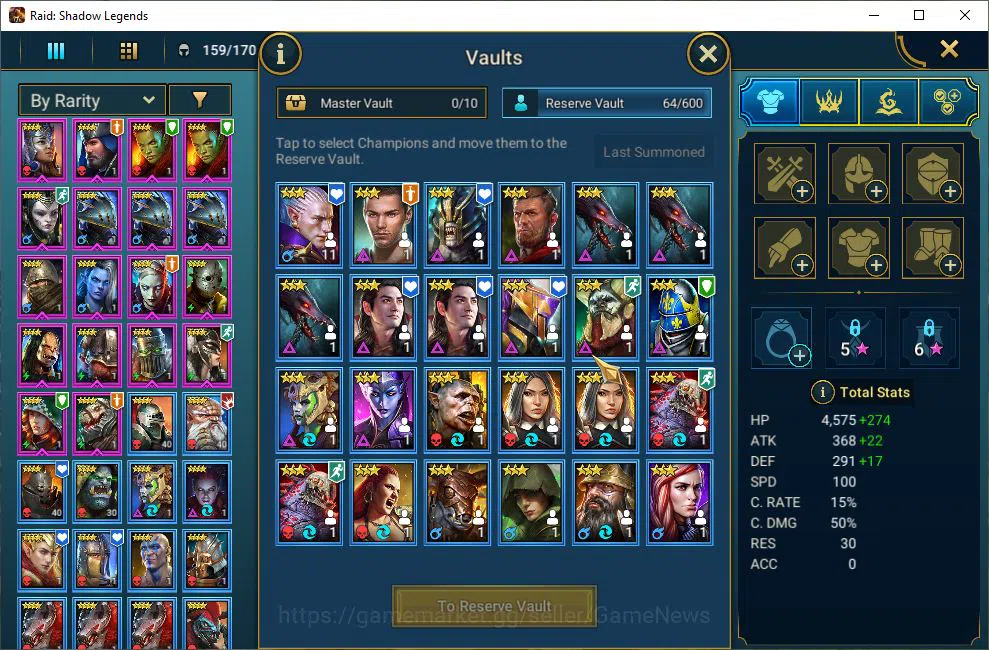 Raid: Shadow Legends Accounts Starter Lv40 455K Power|5,5K Gems+25K Energy|1 Mythical (Galathir)|14 Legendary 5