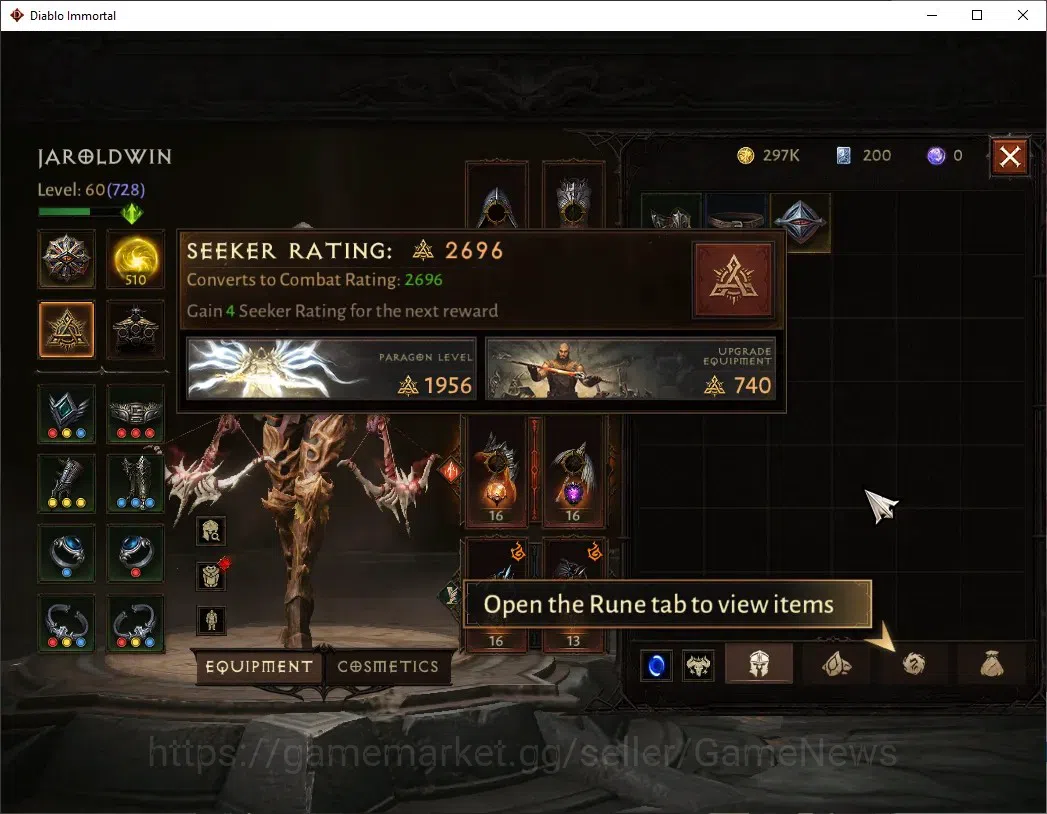 Diablo Immortal Accounts High-End SA - Oza|CS ON|Lv 60 (728)|Demon Hunter|CR 42k|Reso 510|Paragon Vanquisher|Inferno IV|1 5