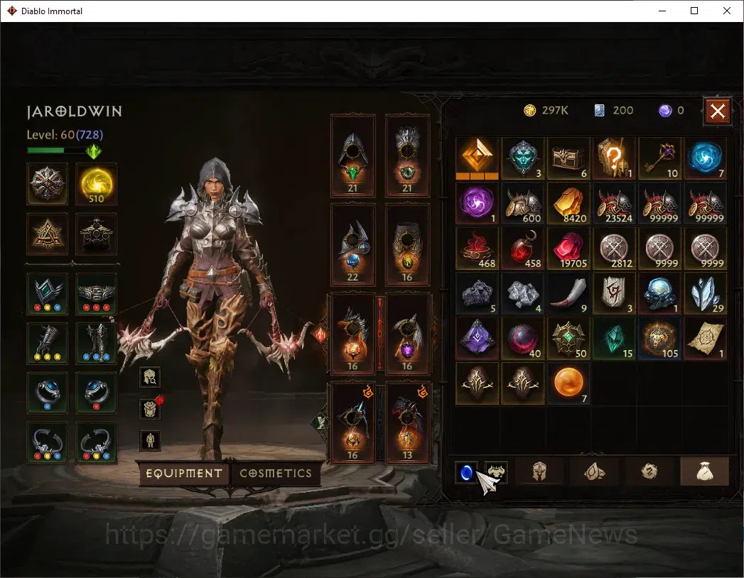 Diablo Immortal Accounts High-End SA - Oza|CS ON|Lv 60 (728)|Demon Hunter|CR 42k|Reso 510|Paragon Vanquisher|Inferno IV|1 8