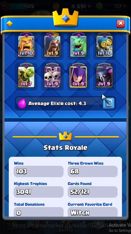 Clash Royale Accounts High-End Lv 405|Trophy 3041|KTL 10|Card 52/121|1 Hero 4 EVO 11 Epic 20 Rare 21 Common|Take Mail|Check 3