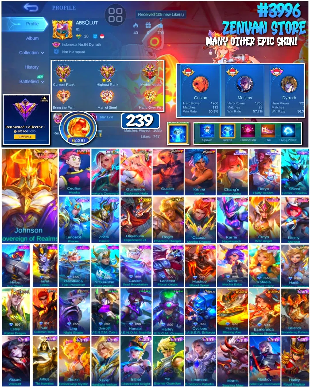 Mobile Legends: Bang Bang Accounts π₯ #3996 π₯ 239 Skins π Renowned Collector I π Legend Skin βοΈ HxH Hisoka Cecilion β KOF 1