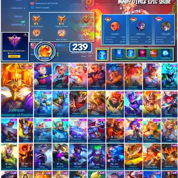 Mobile Legends: Bang Bang Accounts 🔥 #3996 🔥 239 Skins 💎 Renowned Collector I 👑 Legend Skin ⚔️ HxH Hisoka Cecilion ⭐ KOF