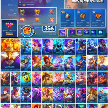Mobile Legends: Bang Bang Accounts 🔥 #4134 🔥 💎 356 Skins 👑 Legend Johnson Sovereign of Realms ⚔️ Exalted Collector V