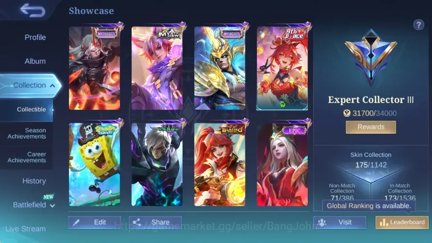 Mobile Legends: Bang Bang Accounts Collector Global|Skin 175|Expert|PACE Fanny,Blazing Layla+Esmeralda,V.E.N.O.M 1