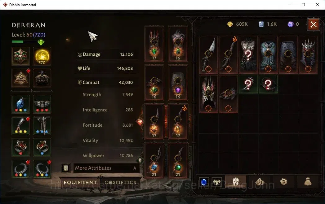 Diablo Immortal Accounts High-End NA-Chains Of Honor |60 (720) Tempest-Vanquisher|CR 42K|Reso 570|Inferno IV|1 16