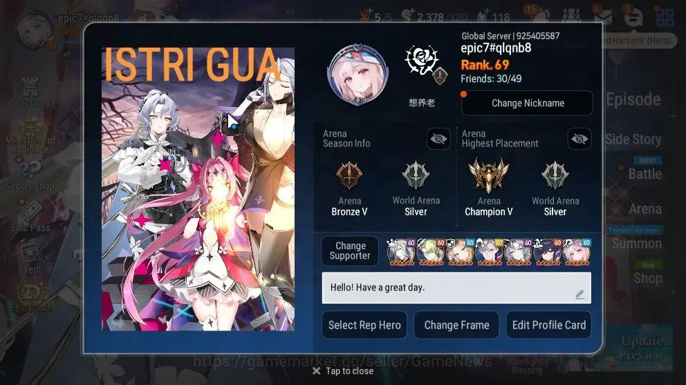 Epic Seven Accounts High-End GLOBAL UnVerif|21 ML(Dark Diene,Rhiana&Luc,HarSeti,etc)+Stark,Setsuka,etc|AUTO WB|Skin Tic+2K 2