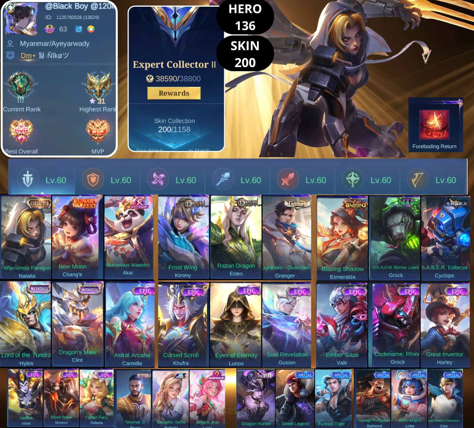 Mobile Legends: Bang Bang Accounts Smurf BEST OFFER | HERO 136 | SKIN 200 | NATALIA COLLECTOR | CHANG'E LUNAR | AKAI ANNIC 1
